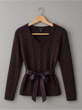 New York & Company Metallic Knit Sweater XS Plum  Tie Waist Peplum V Neck
